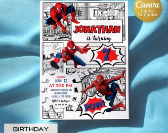 Spiderman Birthday Invitation, Comics Superhero Party (Digital Template)