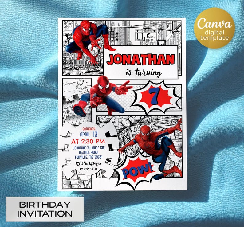 May include: A birthday invitation featuring Spider-Man comic book style graphics. The invitation includes the text "JONATHAN is turning 7" and event details. The design incorporates action poses of Spider-Man, speech bubbles, and a cityscape background.