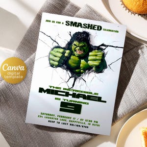 Printable Boy Birthday Invitation, superhero birthday invite, incredible hulk editable invitation, avengers birthday party