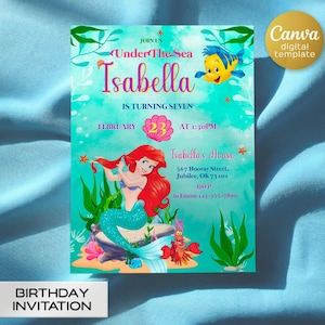 Princess Ariel Birthday invitation, Girl editable invite template, little mermaid printable invitation, under sea party, instant download
