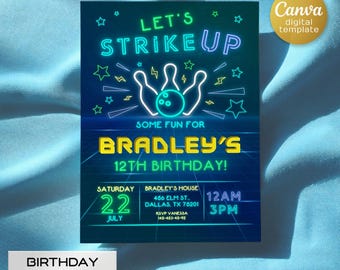Printable birthday bowling invitation, Editable bowling invitation, instant download, bowling birthday invite, strike up invitation