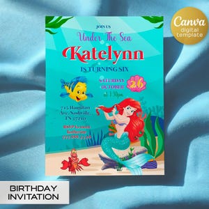 Princess Ariel Birthday invitation, Girl editable invite template, little mermaid printable invitation, under sea party, instant download