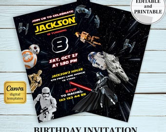 May include: A Star Wars-themed birthday invitation featuring a black background with space elements and characters. The invitation includes the text "Join us to celebrate JACKSON is turning 8" and event details. The design includes a "Canva digital templates" logo.