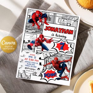 May include: A digital template invitation featuring Spider-Man comic book style graphics. The invitation includes the name "Jonathan" and the number "7", with event details: Saturday, April 13, at 2:30 PM, and RSVP information.