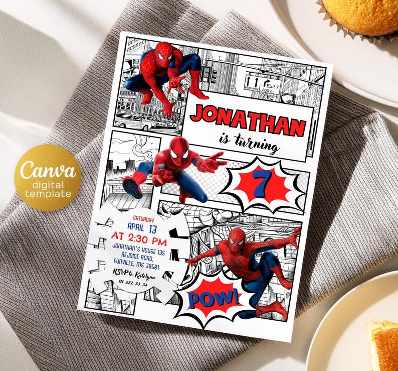 May include: A digital template invitation featuring Spider-Man comic book style graphics. The invitation includes the name "Jonathan" and the number "7", with event details: Saturday, April 13, at 2:30 PM, and RSVP information.