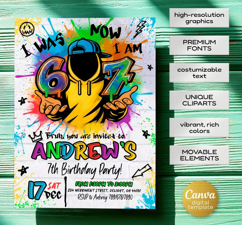 May include: A colorful 7th birthday party invitation with graffiti art style. The design features the text "I WAS 6, NOW I AM 7" with a cartoon figure wearing a hoodie and a cap. The invitation includes the name "Andrew's" and party details.
