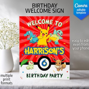 以下が含まれることがあります： 赤い背景に「WELCOME TO HARRISON'S 6 BIRTHDAY PARTY」の文字が入った誕生日ウェルカムサイン。ピカチュウ、ゼニガメなどの漫画のキャラクターが登場します。「BIRTHDAY WELCOME SIGN」の文字が含まれています。
