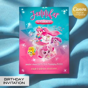 May include: A pink and blue birthday invitation with a cartoon girl and animals. The invitation says "Jennifer is turning 5" and includes the date and time of the party. It also includes the address and RSVP information.