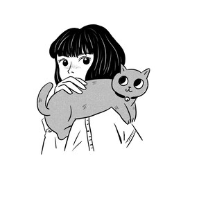 Aangepaste lijntekening, meisje en kat, aangepast portret, illustratie meisje halflichaam, huisdiertekening van foto in mijn stijl, aangepast huisdierportret
