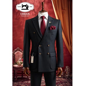 Czarny, prążkowany, dwurzędowy, dwuczęściowy garnitur męski, garnitur na bal maturalny, formalny strój męski, marynarka męska, męski strój ślubny, drużbowie, prezent dla niego
