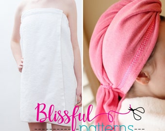 Dual Pattern Bundle Sale - Spa Towel Wrap and Spa Hair Wrap PDF SEWING PATTERNS - Instant Download- by BlissfulPatterns