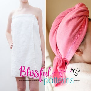 Pode incluir: Um roupão de banho branco com um turbante de toalha rosa na cabeça de uma pessoa. O texto "Blissful patterns" está na parte inferior da imagem.
