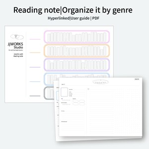 May include: Two white sheets of paper. The top sheet has the text "Reading note | Organise it by genre" and a bookshelf design with coloured outlines. The bottom sheet has a reading log layout with the text "JJWORKS Studio".