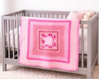 Handmade Pink Crocheted Granny Square Crib Blanket Baby Blanket - New