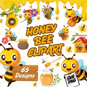 Bee Svg-bundel, Honey Bee Svg, feestartikelen, Instant download, honing, bloemen, honingraat, bijenkorf, 65 kleine bijen svg-bundel