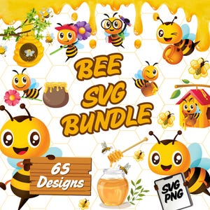 Bee Svg-bundel, Honey Bee Svg, feestartikelen, Instant download, honing, bloemen, honingraat, bijenkorf, 65 kleine bijen svg-bundel