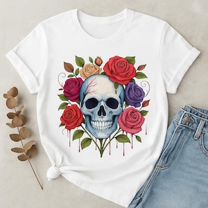 Floral Skull PNG Digital Download – Gothic Skull with Roses Art – 300 DPI High-Res Clipart – Tattoo Sublimation Printable Skull Design