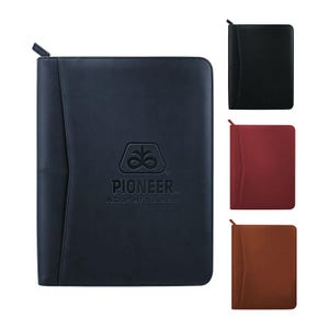 May include: A navy blue zippered portfolio with the Pioneer logo and text. Additional portfolios in black, burgundy, and brown are also shown. The portfolio has a textured surface and a side pocket.