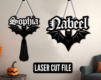 Personalized Bat Name Sign Laser Cut Files: Halloween Decor, Spooky Bat Wall Hanging Sign, Bat Door Sign, Gothic Halloween Decor Laser Svg