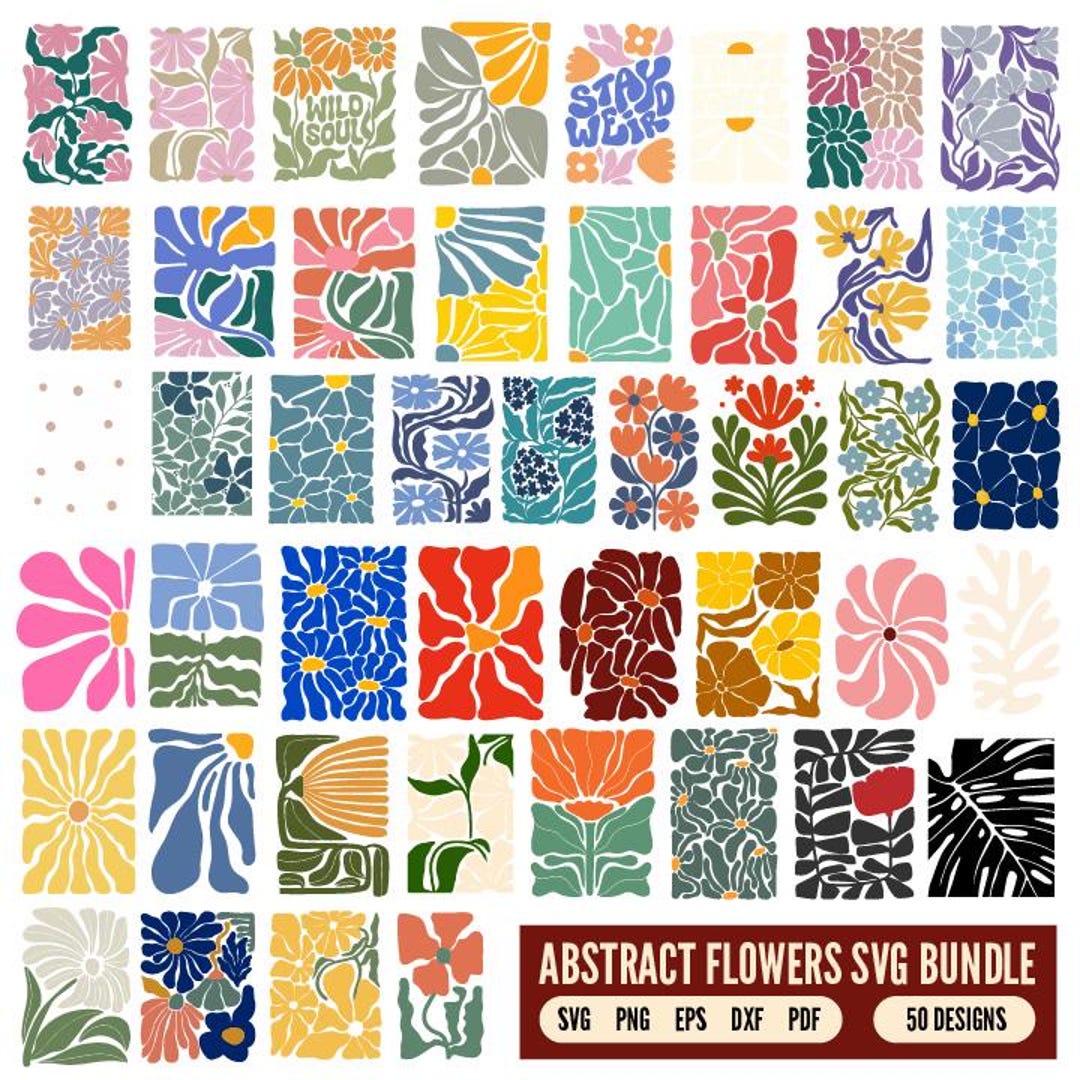 50 Abstract Flower Designs: Floral SVG Bundle, Groovy Flower Svg, Boho ...