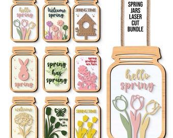 Layered Mason Jar with Flowers SVG, Spring Wooden Sign Laser File, Farmhouse Floral Jar Decor, Wood Craft Pattern for Laser, Spring SVG