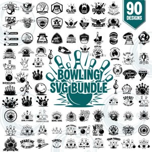 May include: A collection of 90 bowling-themed SVG designs in black and white. The designs include bowling pins, bowling balls, and various text elements such as "Strike," "Bowling Club," and "Turkey!" The designs are suitable for crafting.