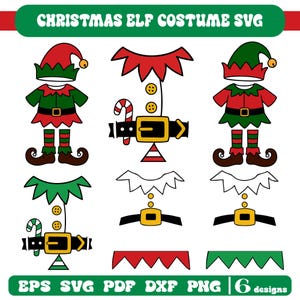 Puede incluir: Una colección de diseños SVG de disfraces de Elfo Navideño. Los diseños incluyen sombreros, tops, cinturones y pantalones de elfo en rojo, verde y dorado. Se muestra el texto "CHRISTMAS ELF COSTUME SVG" y "EPS SVG PDF DXF PNG | 6 designs".