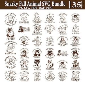May include: A collection of 35 fall-themed SVG designs featuring whimsical animals. The designs include raccoons, frogs, ducks, and other creatures with phrases like "Pumpkin Spice" and "I Love Fall". The designs are in black and white.
