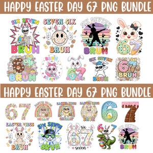 Pode incluir: Um pacote PNG digital com designs temáticos de Páscoa. Os designs incluem coelhos de desenho animado, ovos e os números 6 e 7, juntamente com o texto "Happy Easter Day 67 PNG Bundle". A paleta de cores é brilhante e alegre.