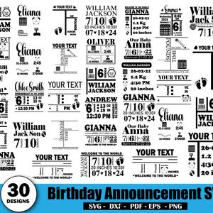 以下が含まれることがあります： 30種類の白黒SVGデザインのコレクションで、誕生日の発表に使用します。各デザインには、赤ちゃんの名前、生年月日、時間、キログラム単位の体重、センチメートル単位の身長を入力するスペースがあります。