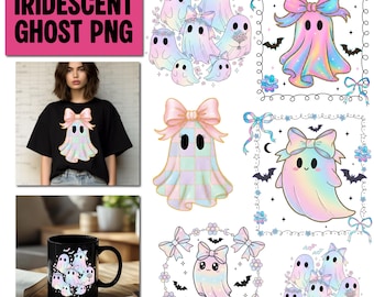 Fantasma iridiscente de coqueta preppy PNG, PNG de Halloween de niña linda, PNG de calabaza fantasma Boo, Diseño de camiseta de Halloween pastel, Fantasma de moda PNG