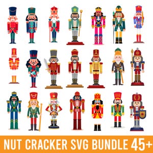 Könnte beinhalten: Eine Sammlung farbenfroher Nussknackerfiguren in verschiedenen Uniformen und Posen. Die Figuren sind in Rot-, Blau-, Grün- und Goldtönen gehalten und weisen detaillierte Gesichtszüge und Accessoires auf. Der Text "NUT CRACKER SVG BUNDLE 45+" steht unten.