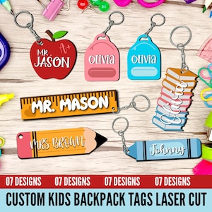 Backpack Bag Tag Laser Cut SVG, Custom Kids Backpack Name Tag SVG Bundle, Back To School Keychain SVG, Keychain Laser Cut Files, Teacher Svg