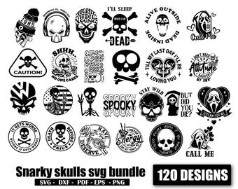 Paquete SVG de 120 calaveras sarcásticas divertidas, diseños de humor para adultos, esqueletos para adultos, archivos SVG para camisetas. Paquete SVG sarcástico y atrevido.