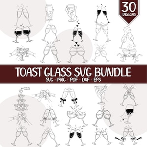 Peut inclure: Ensemble de 30 motifs de verres à toast en noir et blanc. Les illustrations montrent des flûtes à champagne et des verres à vin qui trinquent, avec le texte "TOAST GLASS SVG BUNDLE" et les informations sur les types de fichiers.