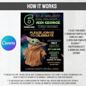 May include: A black invitation template with a Star Wars theme. The invitation features the text "In a galaxy far, far away... Jedi George was born." It includes a graphic of Baby Yoda and party details.