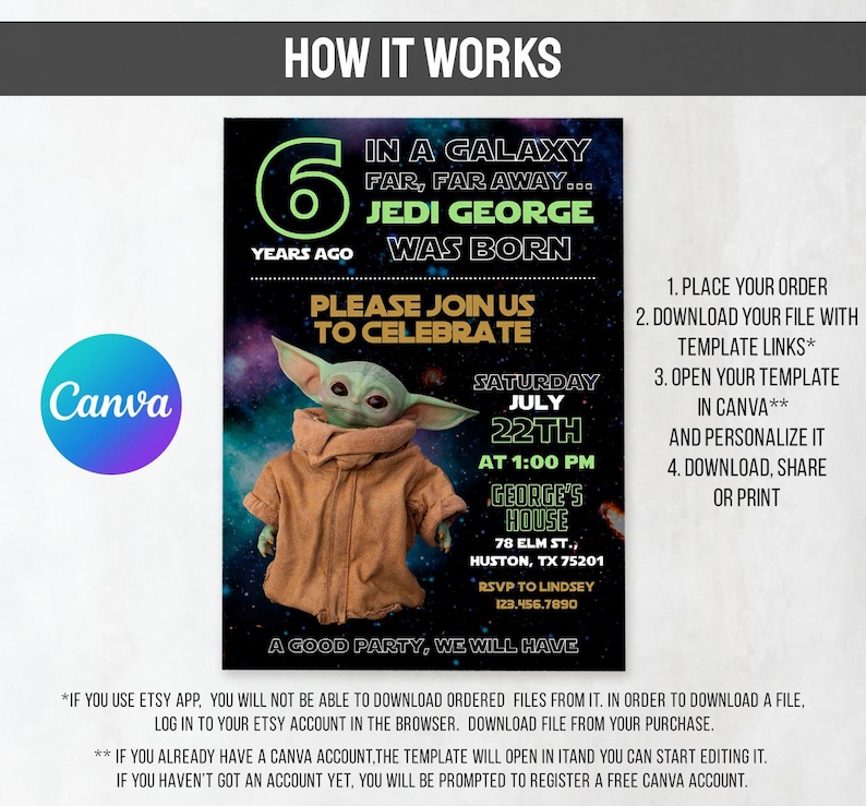 May include: A black invitation template with a Star Wars theme. The invitation features the text "In a galaxy far, far away... Jedi George was born." It includes a graphic of Baby Yoda and party details.