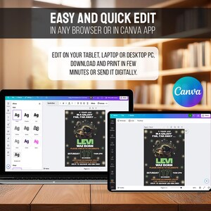 May include: A laptop and tablet show a custom invitation design with a Star Wars theme. The invitation features a green alien character and the text "LEVI WAS BORN." The image also includes the Canva logo and text: "EASY AND QUICK EDIT."