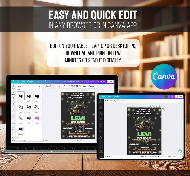 May include: A laptop and tablet show a custom invitation design with a Star Wars theme. The invitation features a green alien character and the text "LEVI WAS BORN." The image also includes the Canva logo and text: "EASY AND QUICK EDIT."