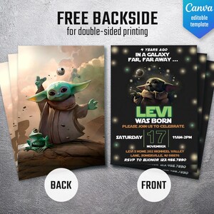 May include: Double-sided invitation with a Star Wars theme. The front features the text "4 YEARS AGO IN A GALAXY FAR, FAR AWAY..." and "LEVI WAS BORN." The back shows a green alien character. The invitation is a Canva editable template.
