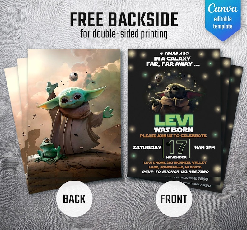 May include: Double-sided invitation with a Star Wars theme. The front features the text "4 YEARS AGO IN A GALAXY FAR, FAR AWAY..." and "LEVI WAS BORN." The back shows a green alien character. The invitation is a Canva editable template.
