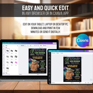 May include: A laptop and tablet displaying a birthday invitation template with a Star Wars theme. The invitation features the text "In a galaxy far, far away... Jedi George was born." The Canva logo is visible.