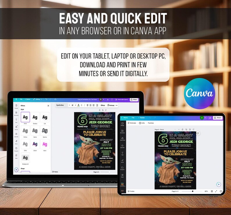 May include: A laptop and tablet displaying a birthday invitation template with a Star Wars theme. The invitation features the text "In a galaxy far, far away... Jedi George was born." The Canva logo is visible.