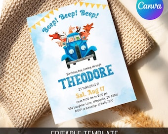 Farm Animals Birthday Invitation, Blue Truck Party (Digital Template)