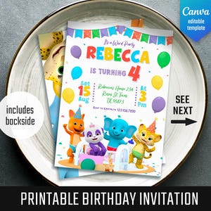 May include: A colorful birthday invitation featuring the name "REBECCA" and the number "4". The invitation includes cartoon animal characters and balloons. The text "PRINTABLE BIRTHDAY INVITATION" is at the bottom.