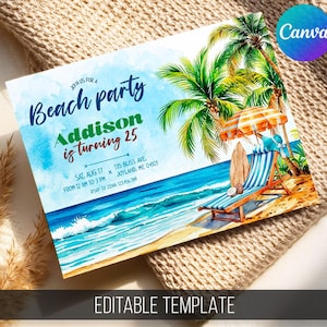 Beach or Pool Party Birthday Invitation, Editable Summer Theme Digital Invite, Swim Celebration Evite, Tropical Printable Template