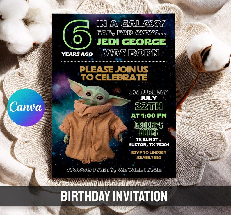May include: Birthday invitation featuring a green alien character in a brown coat. The invitation includes the text "In a galaxy far, far away... Jedi George was born" and event details. The invitation is set against a space-themed background.