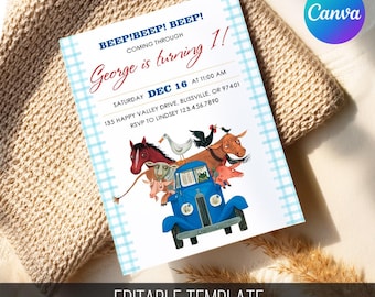 Blue Truck Farm Animals Birthday Invitation (Editable Template)