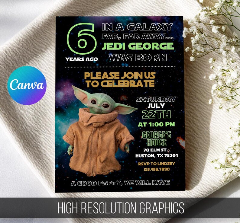 May include: A birthday party invitation with a space theme. The invitation features the text "In a galaxy far, far away... Jedi George was born." It includes an image of a character from the Star Wars franchise.