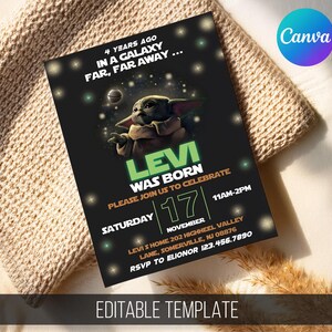 May include: Black invitation card with a galaxy theme and a character graphic. The text announces "Levi was born" with event details. The Canva logo is visible. The words "Editable Template" are at the bottom of the card.